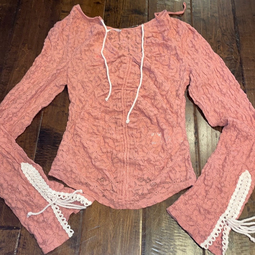 Free People Sheer Lace Ruched Pink Top